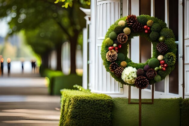 Photo a wreath with pine cones and berries on a tree.