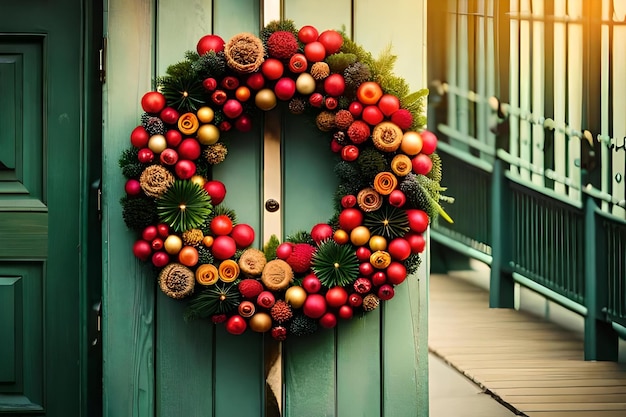 A wreath with pine cones on it is decorated with pomegranates.