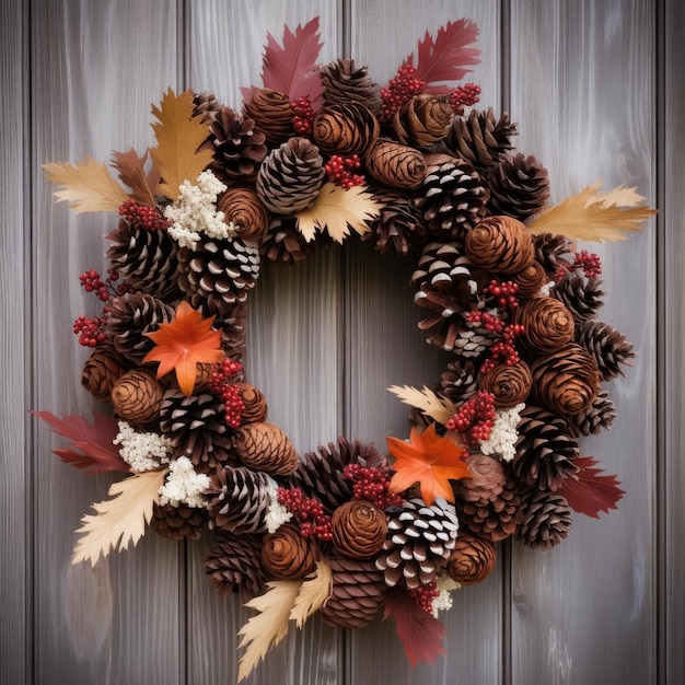 A wreath with pine cones and leaves on a wood wall