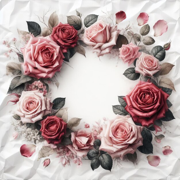 a wreath with pink roses and leaves on it