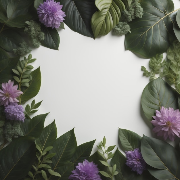 A wreath with purple flowers and green leaves with a white background.