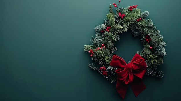 Photo a wreath with red berries on a green background