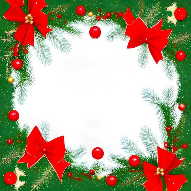 a wreath with red decorations and a green background with a christmas tree in the middle.