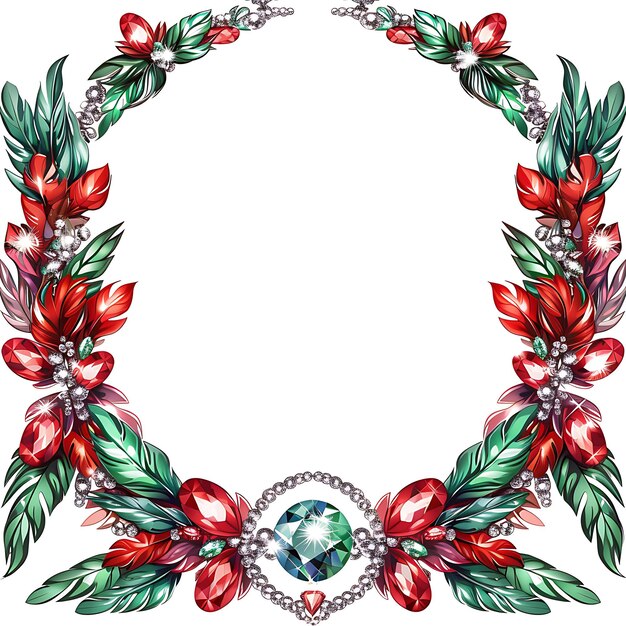 a wreath with red and green leaves and a silver frame with a flower on it