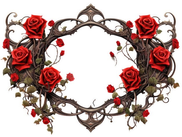 白い背景に赤いバラとつるの花輪 コピー スペースを持つデジタル イメージ フレーム