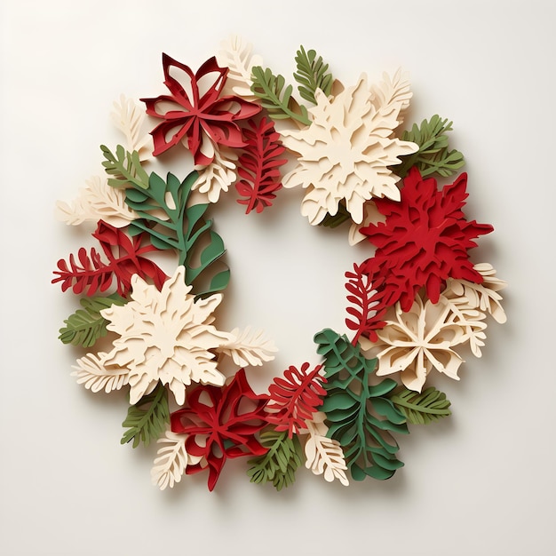 A wreath with a red star and green leaves is on a white wall.