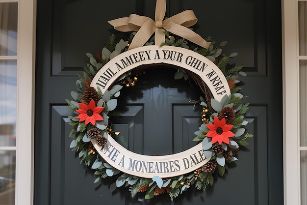 a wreath with a sign that says