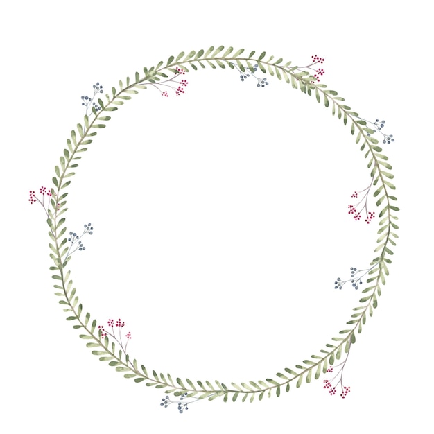 A wreath with twigs and berries on a white isolated background handdrawn watercolor illustration