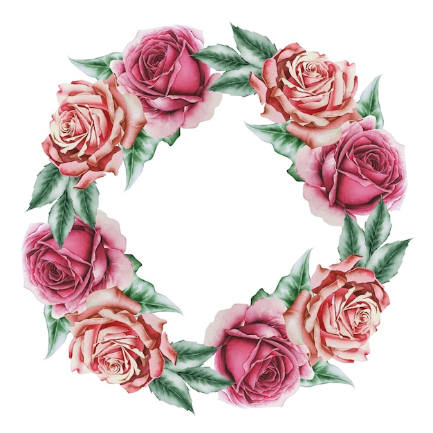 Premium Photo | Wreath with watercolor roses and leaves. hand drawn.