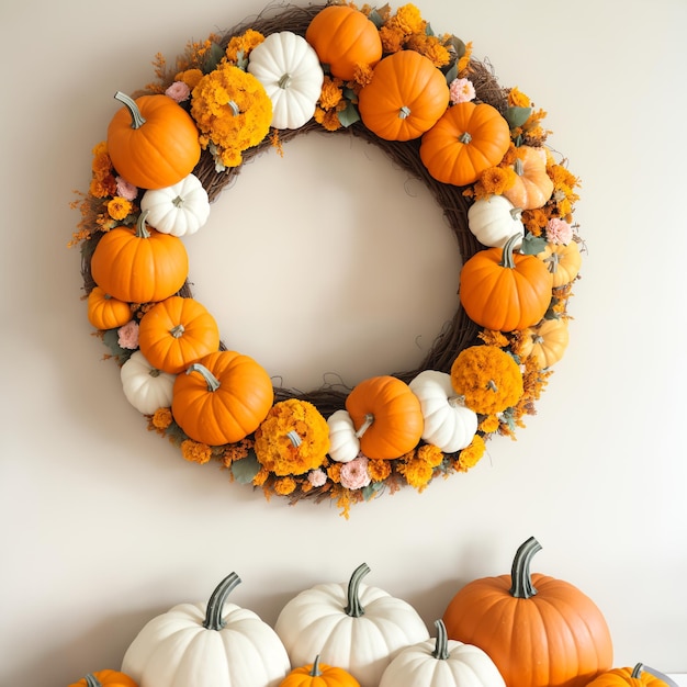 wreath with white and yellow pumpkins and flowers Home Decor