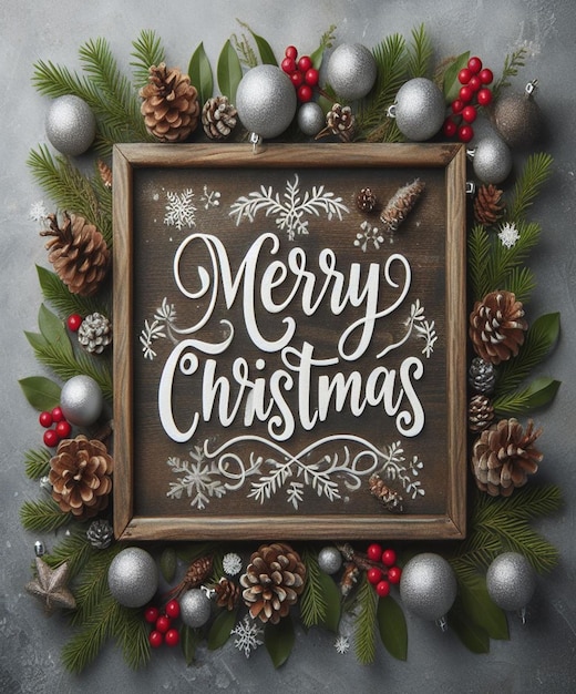 Photo a wreath with a wooden frame that says merry christmas