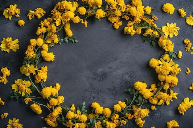 A wreath of yellow flowers is placed on a dark background.