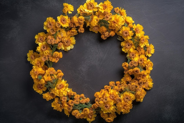 A wreath of yellow flowers is shown on a black background.