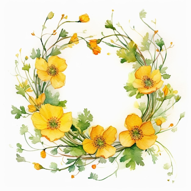 A wreath of yellow flowers is shown with a green leaf and the word marigold on the bottom.