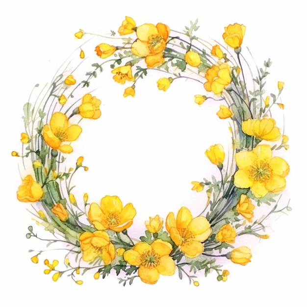 A wreath of yellow flowers with green leaves and the word marigolds on it.