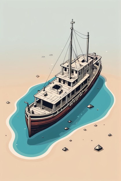 Wreck ship sunken steamboat on ocean sandy