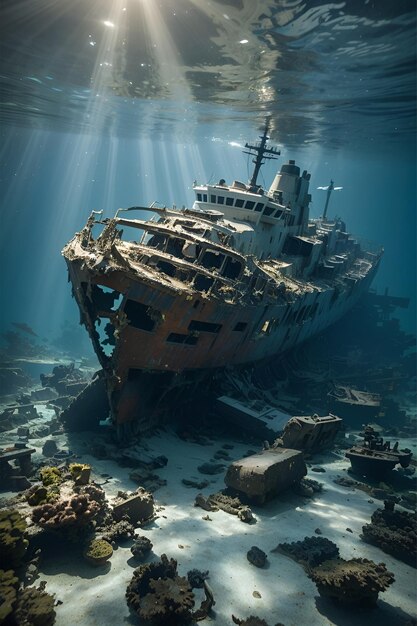 The wreckage of the Bismarck lies on the ocean