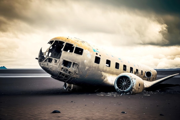 Photo wreckage of crashed plane on sandy shore of iceland beach