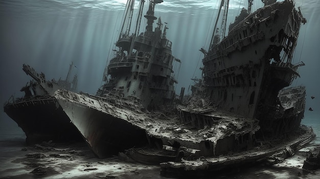 The wreckage of the is mark lies on the ocean floor its massive hull broken and scattered Sunlight