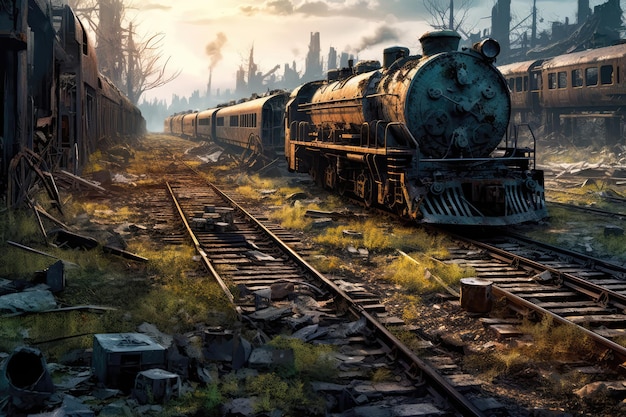 Разрушенный заброшенный железнодорожный двор с сошедшими с рельсов локомотивами, ржавыми путями и старыми поездами Генеративный AI