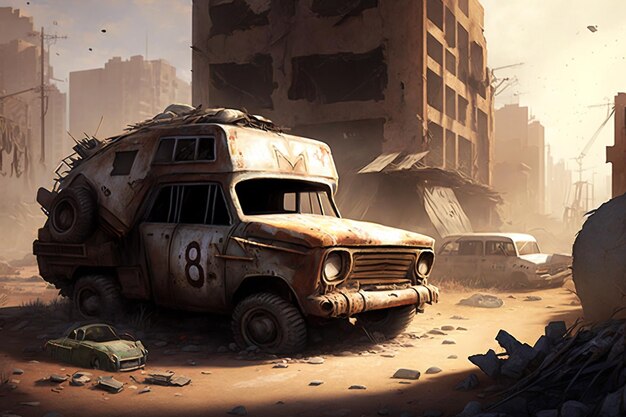 A wrecked car on post apocalyptic wasteland Generative ai illustration