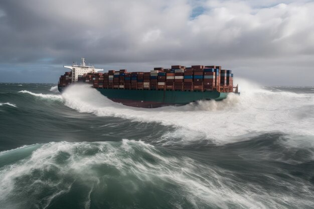 Wrecked cargo ship with conatiners in stormy sea with large waves Generative AI