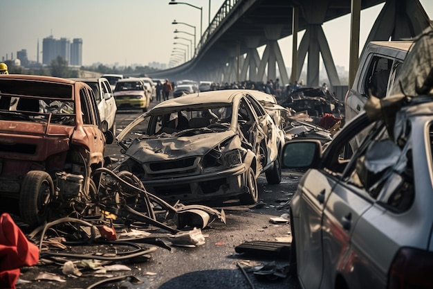 테러 공격 을 당한 후 도로 를 막은 파손 된 자동차 들 이 정지 하게 만든다