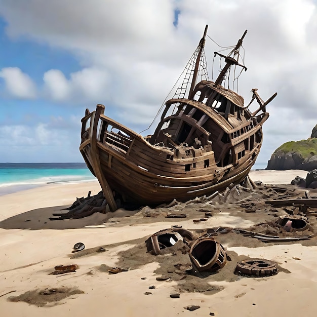 Разрушенный пиратский корабль на пляже и некоторые обломки на песке