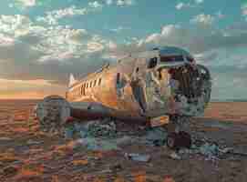 Photo a wrecked plane near a field covered in debris in a desert photo landscapes