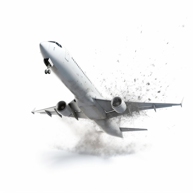 A wrecked white plane isolated in white background