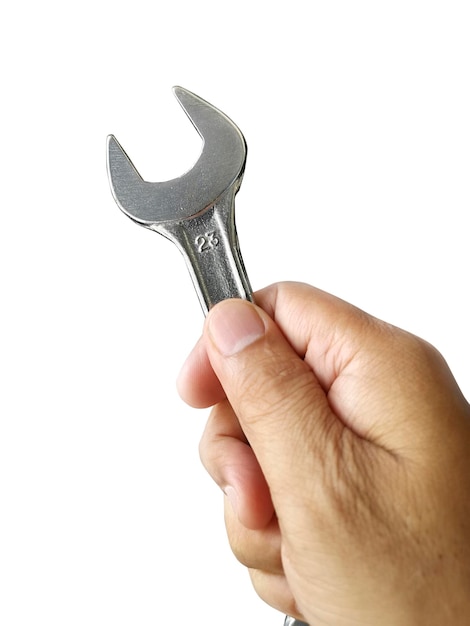 Wrench and hand with white background Craftsman tool