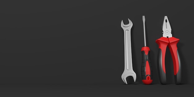 Wrench screwdriver and pliers on a black background with copy space Front view 3D render
