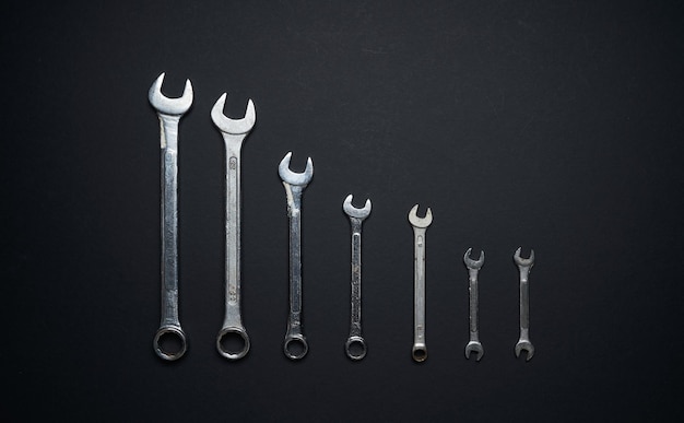 Wrench spanner set on black background