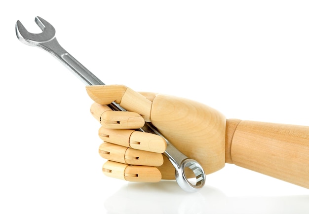 Wrench in wooden hand isolated on white