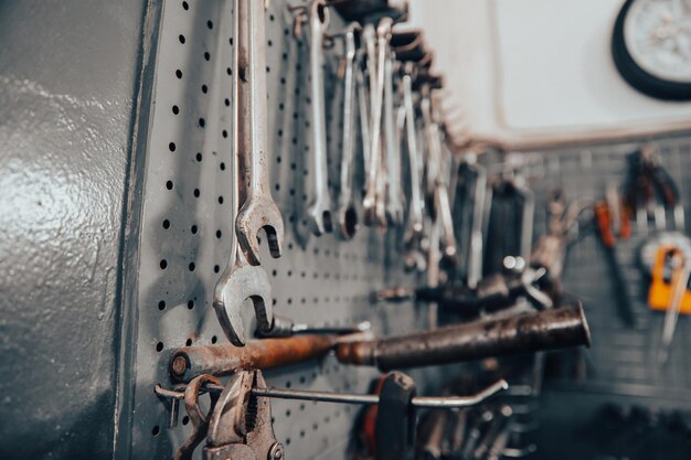 Wrenches hanging on wall