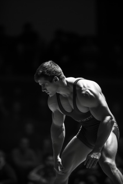 Wrestler in focus poised and ready for the match in a spotlight against a dark backdrop