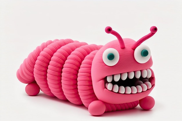 Wriggling worm made of pink plasticine with sharp teeth On a white background a character