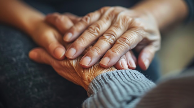 Foto una mano anziana rugosa tenuta dolcemente da una mano più giovane l'immagine è un commovente simbolo dell'amore e della cura tra le generazioni