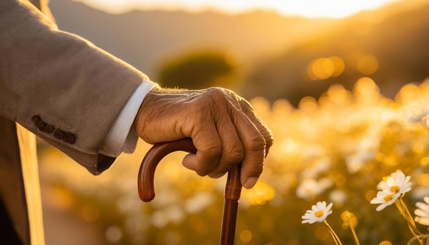 Photo wrinkled hand of an old man holding a walking cane