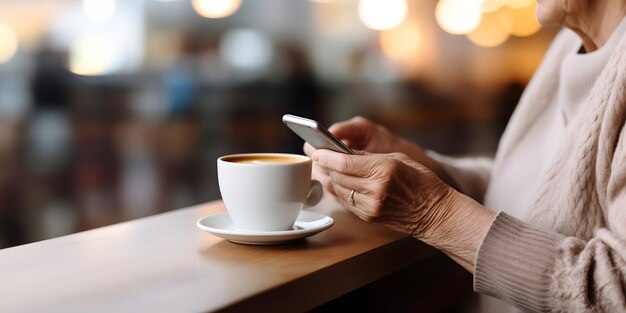 Wrinkled hands of elderly woman holding smartphone loseup