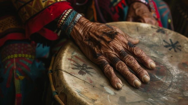 The wrinkled hands of a shaman adorned with sacred tattoos gently rest on a wooden drum as they