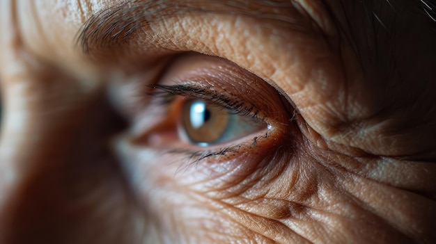 Foto pelle rugosa di una donna matura39s fotografia macro sulla fronte rughe profonde di invecchiamento close-up prevenzione dei cambiamenti della pelle legati all'età concetto.