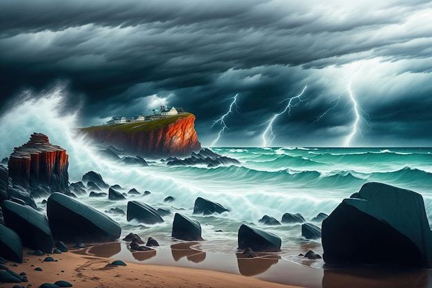 Write about a rocky coastline during a storm