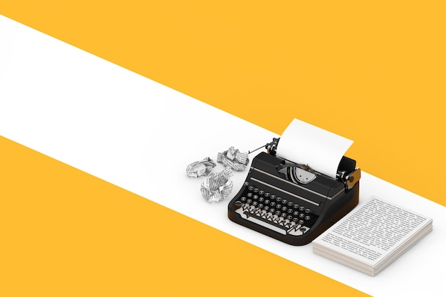 Writer and blogger concept old vintage retro typewriter with stack of paper documents on a white and yellow background 3d rendering