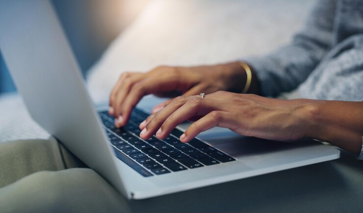 Photo writer house or hands of person on laptop for networking on email or online research in remote work typing closeup communication or editor copywriting on blog website feedback or internet article