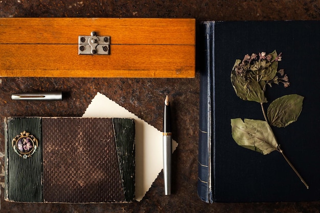 Photo writer set on the dark stone table