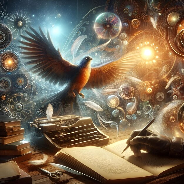 Photo the writers imagination soars like a bird free from realitys constraints exploring boundless rea