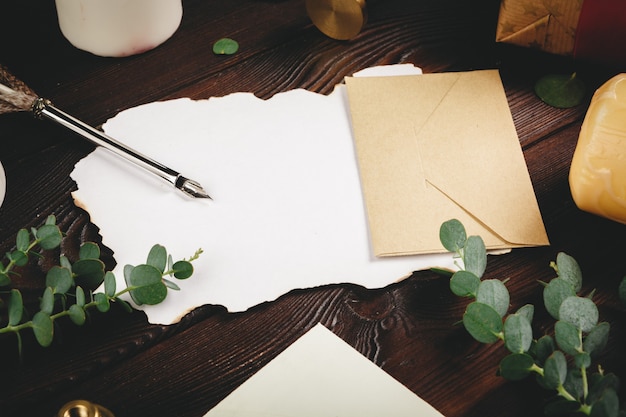 Writing christmas post on holiday wooden decorated background