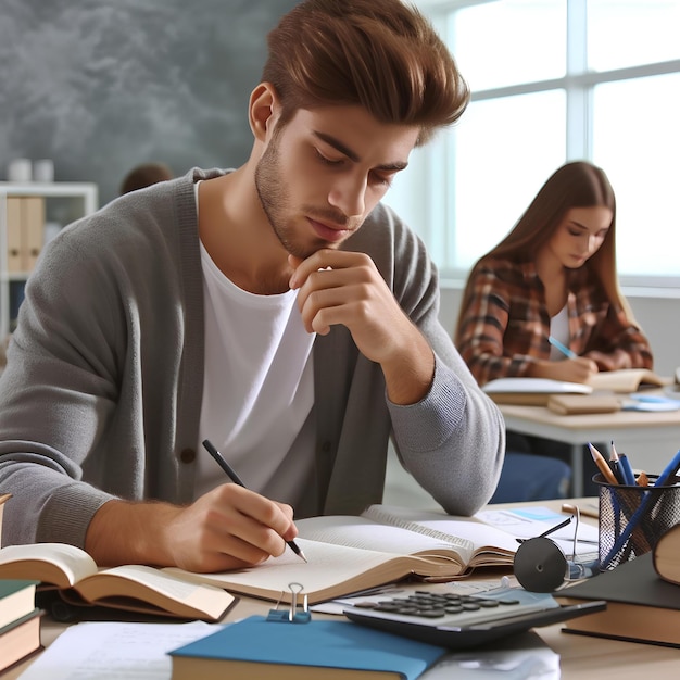 Photo writing college and man student in classroom brainstorming for exam studying ideas