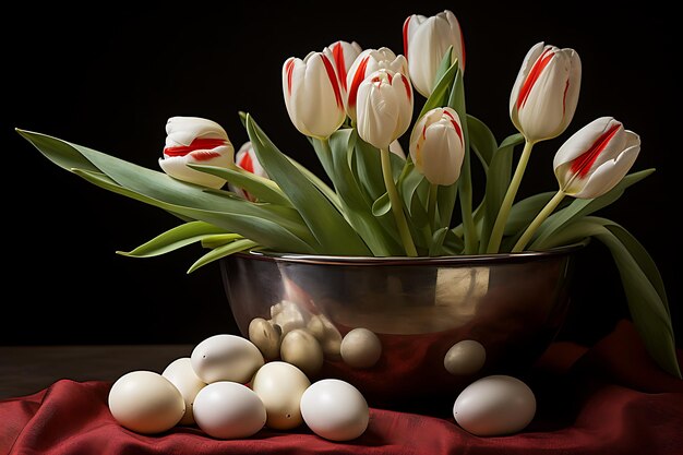 Writing near tulips and bowl with eggs